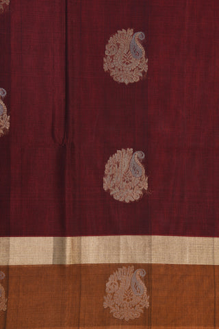Zari Border With Traditional Paisley Butta Burgundy Kora Silk Cotton Saree
