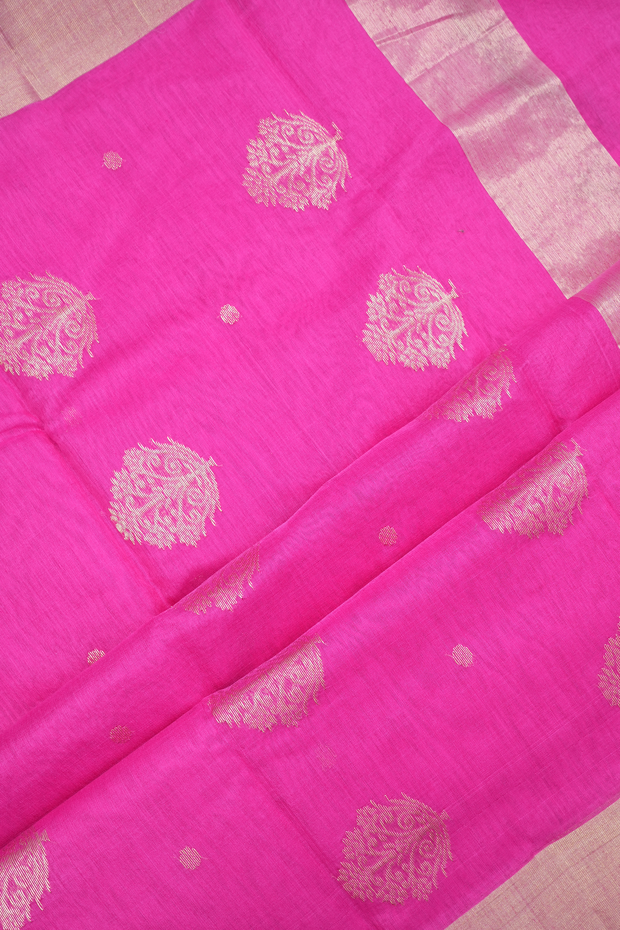 Polka Zari Dots Hot Pink Kora Silk Cotton Saree