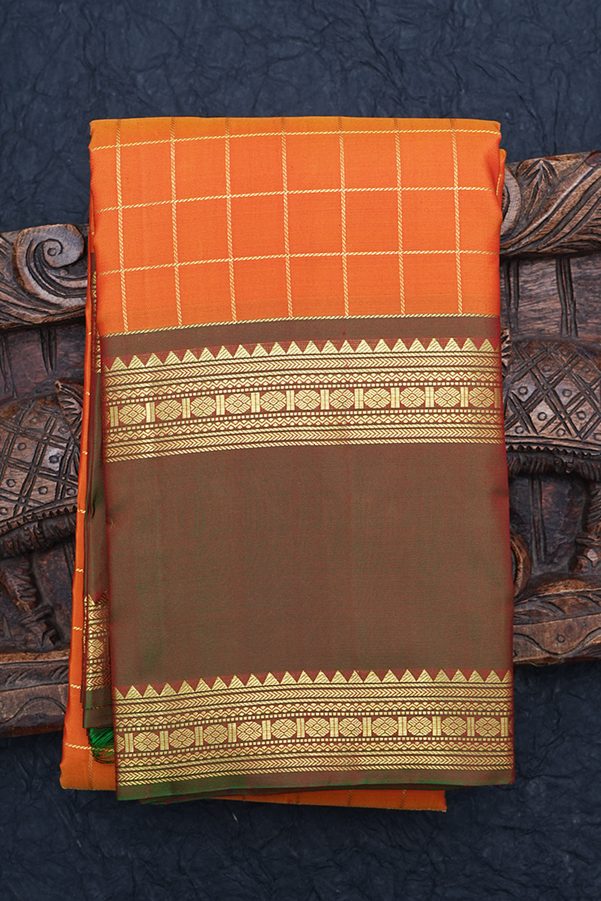 Zari Checked Design Royal Orange Kanchipuram Silk Saree