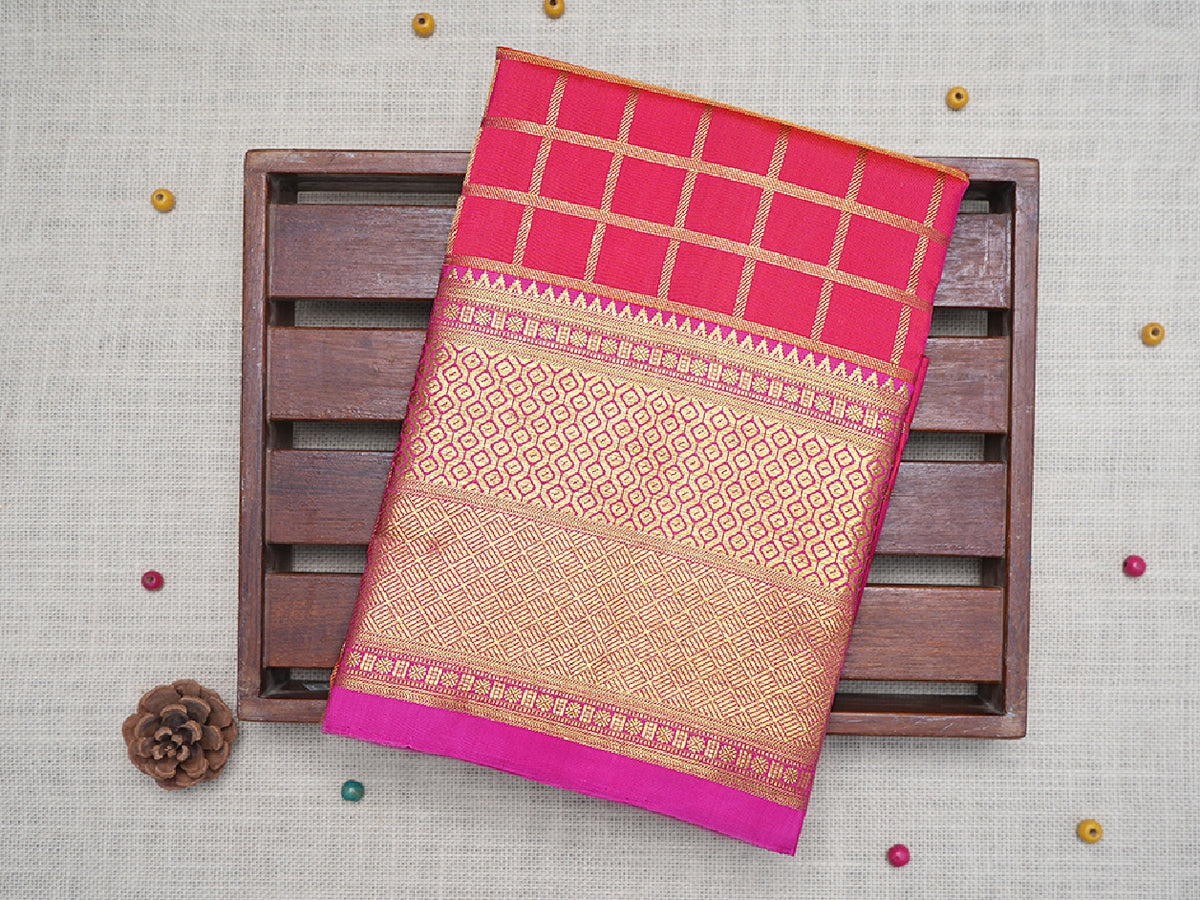 Zari Checked Hot Pink Unstitched Pavadai Sattai Material