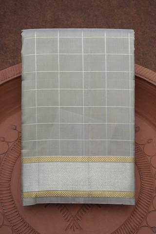 Zari Checked Light Grey Kanchipuram Silk Saree