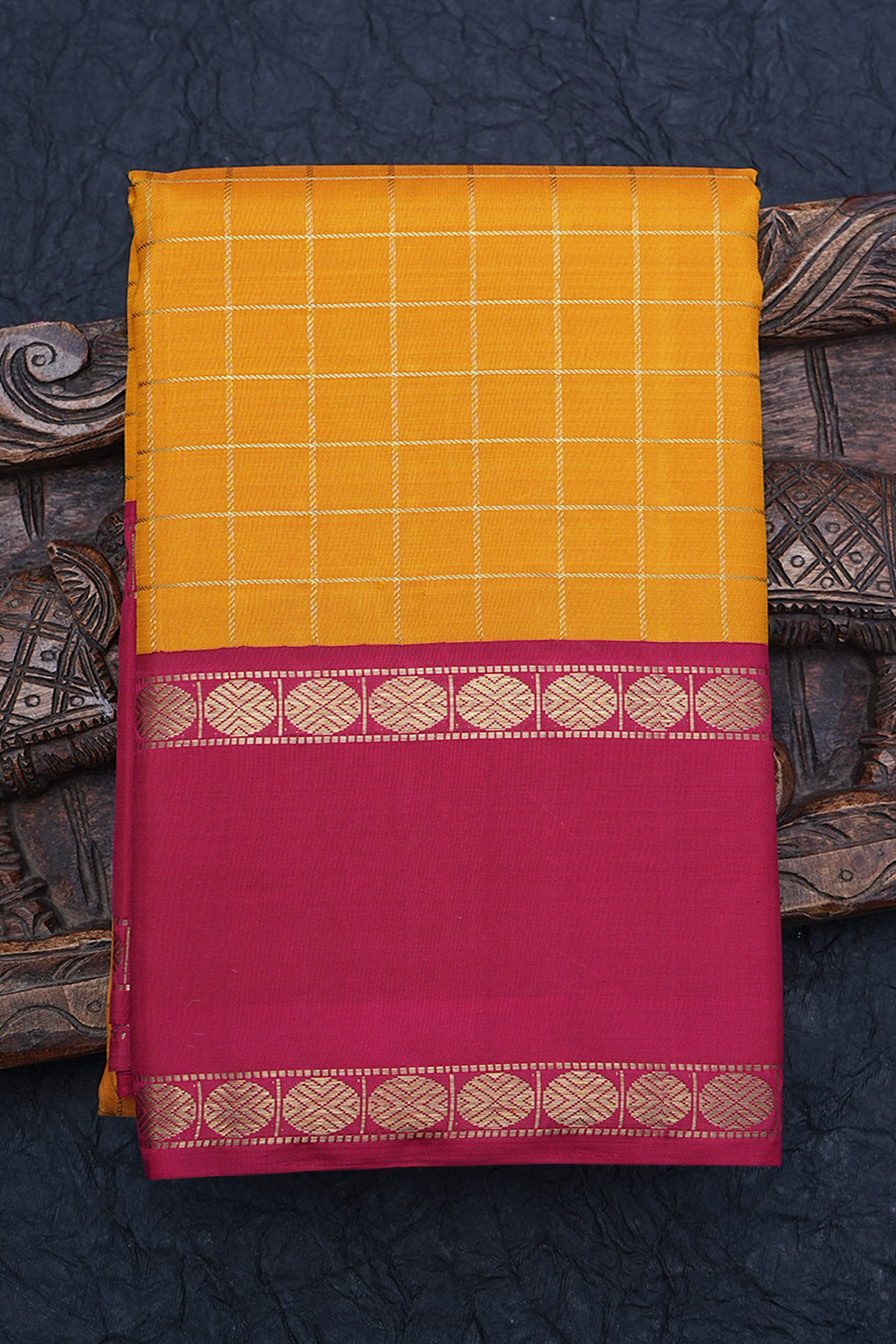 Zari Checked Saffron Yellow Kanchipuram Silk Saree