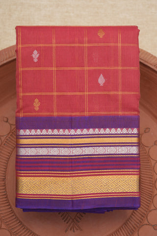 Checked Zari Motifs Ruby Red Gadwal Silk Cotton Saree