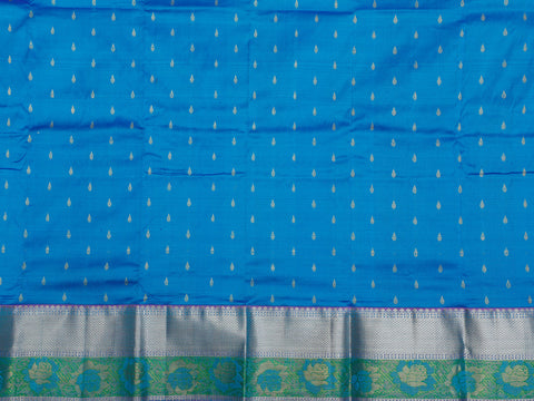 Zari Diamond Border With Bindi Buttis Cerulean Blue Kanchipuram Silk Unstitched Pavadai Sattai Material
