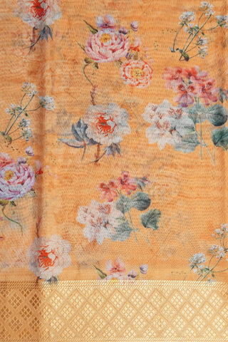 Zari Diamond Border With Digital Floral Printed Peach Orange Semi Linen Silk Saree