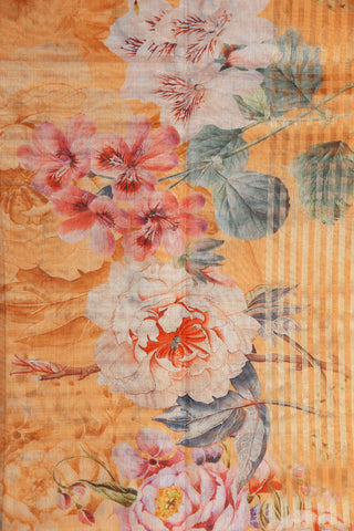 Zari Diamond Border With Digital Floral Printed Peach Orange Semi Linen Silk Saree