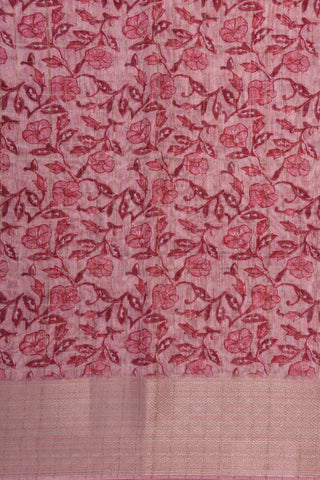 Zari Border With Floral Printed Punch Pink Chanderi Linen Saree