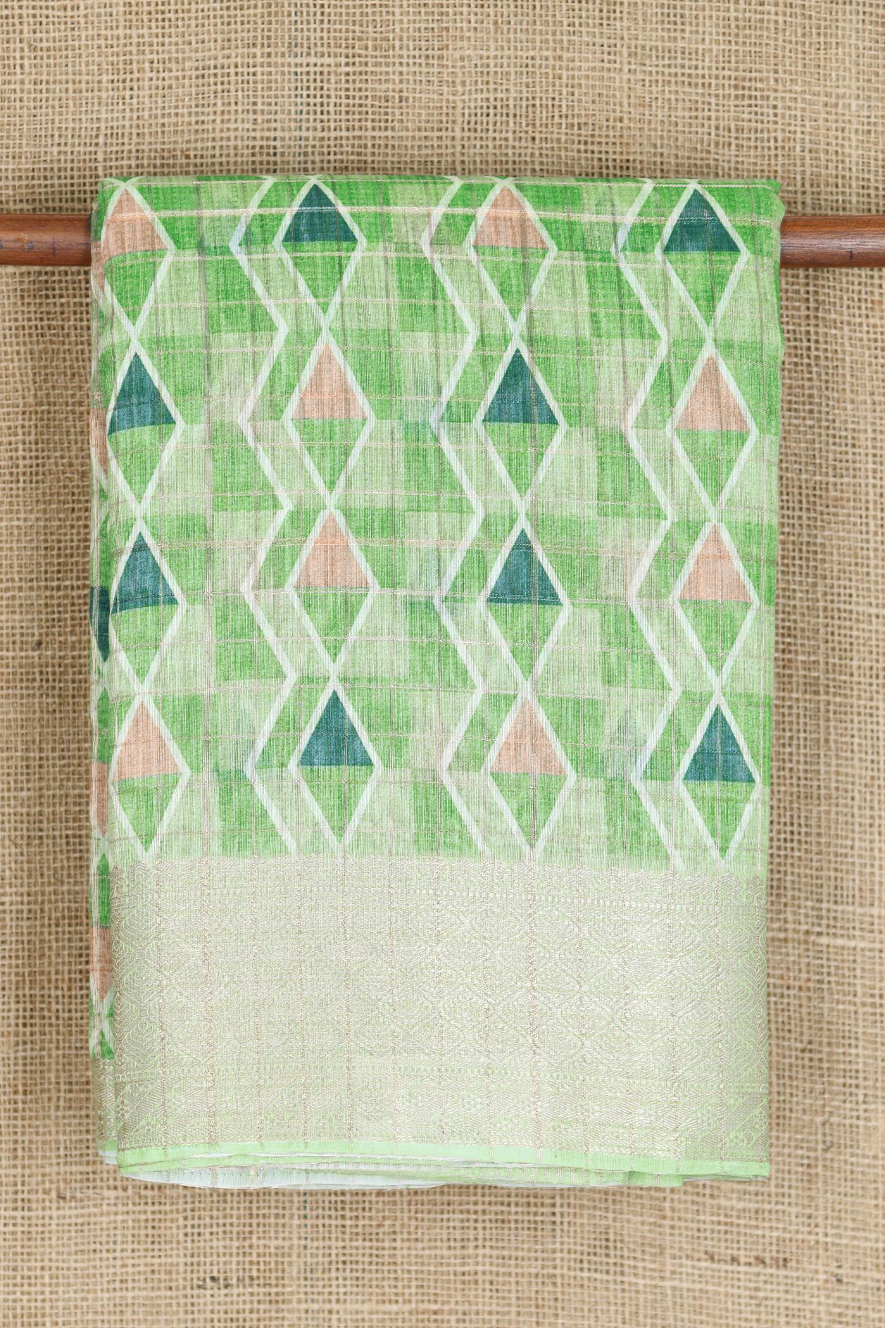 Zari Border With Geometric Pattern Printed Green Chanderi Linen Saree