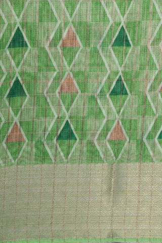 Zari Border With Geometric Pattern Printed Green Chanderi Linen Saree
