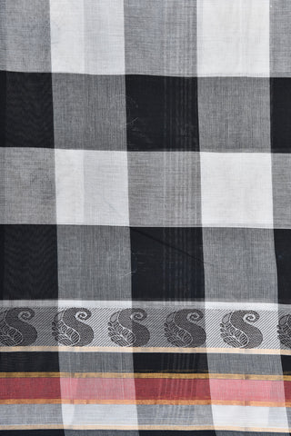 Zari Stripes And Thread Work Paisley Border With Black And White Checks Chettinadu Cotton Saree