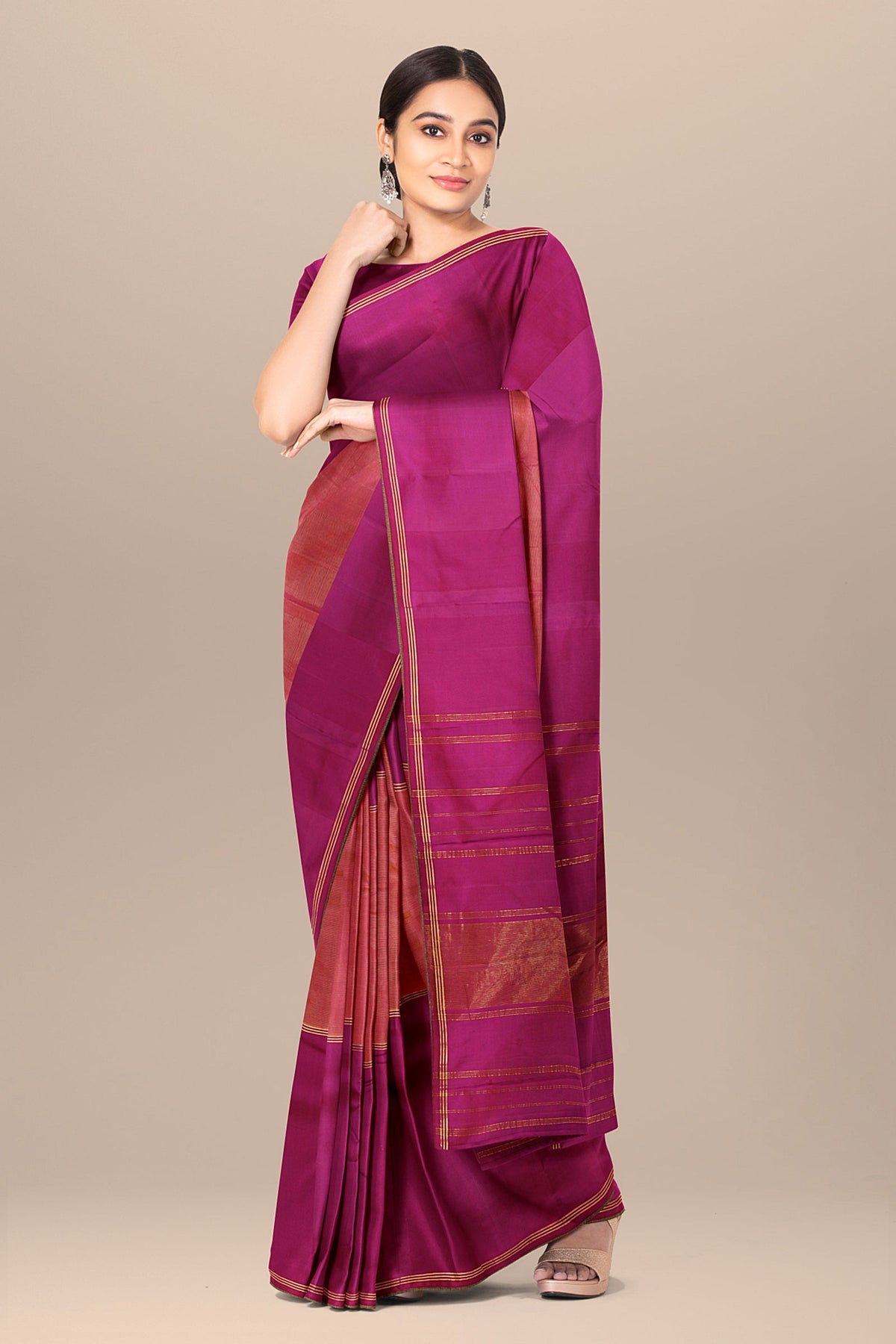 Zari Stripes Peach And Purple Kanchipuram Silk Saree