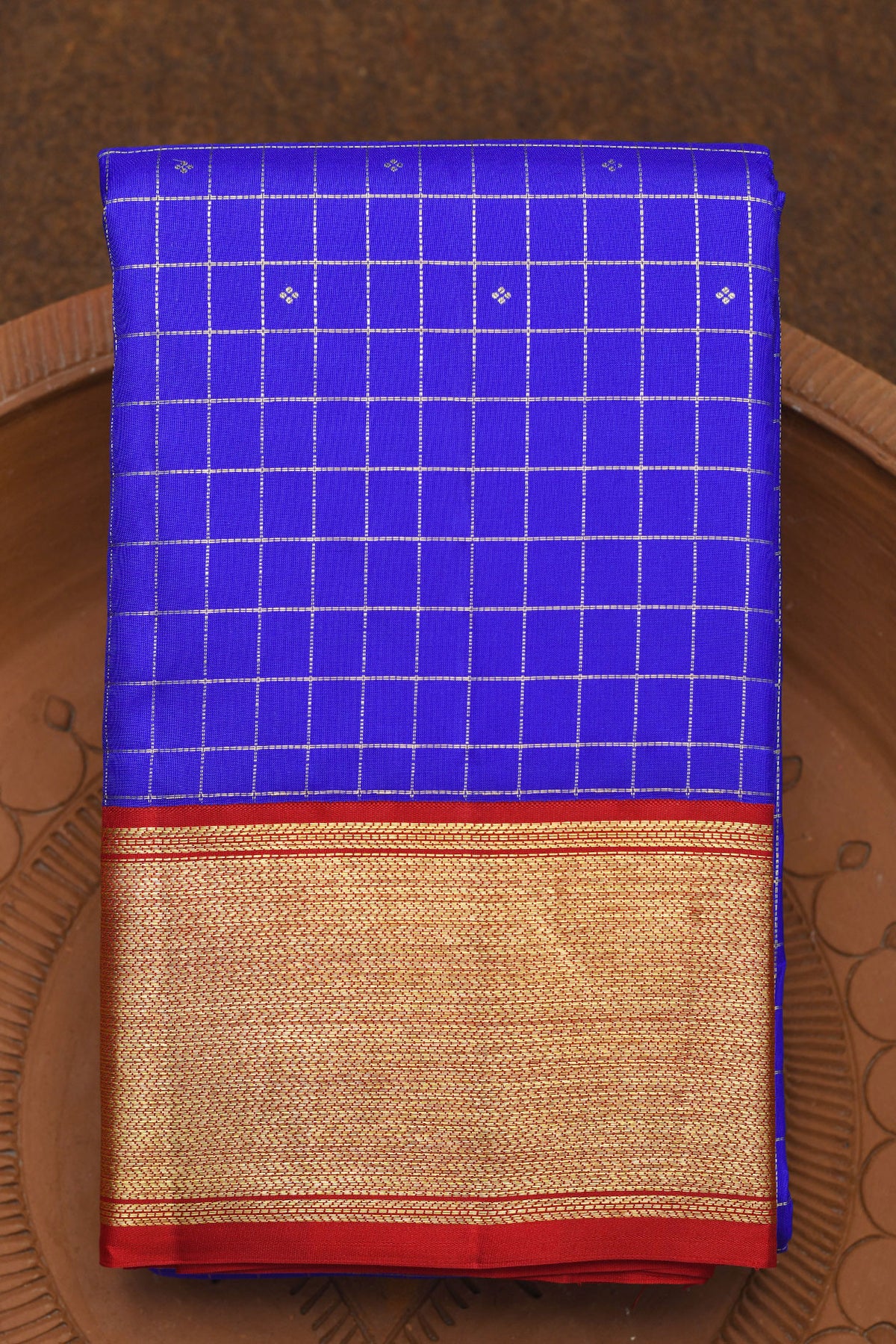 Zig Zag Contrast Border With Checks And Buttis Cobalt Blue Kanchipuram Silk Saree