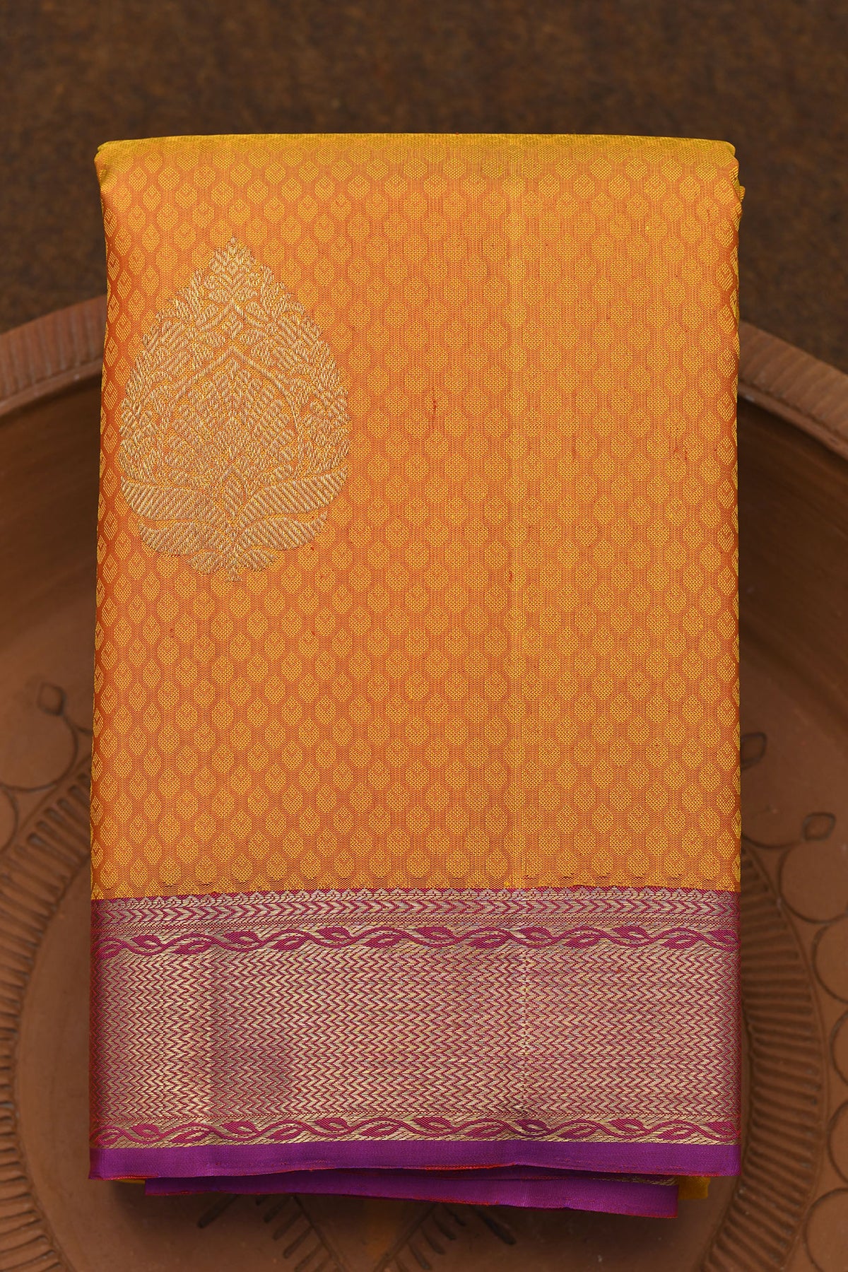 Zig Zag Zari Border With Jacquard Pendant Buttas Marigold Yellow Orange Kanchipuram Silk Saree