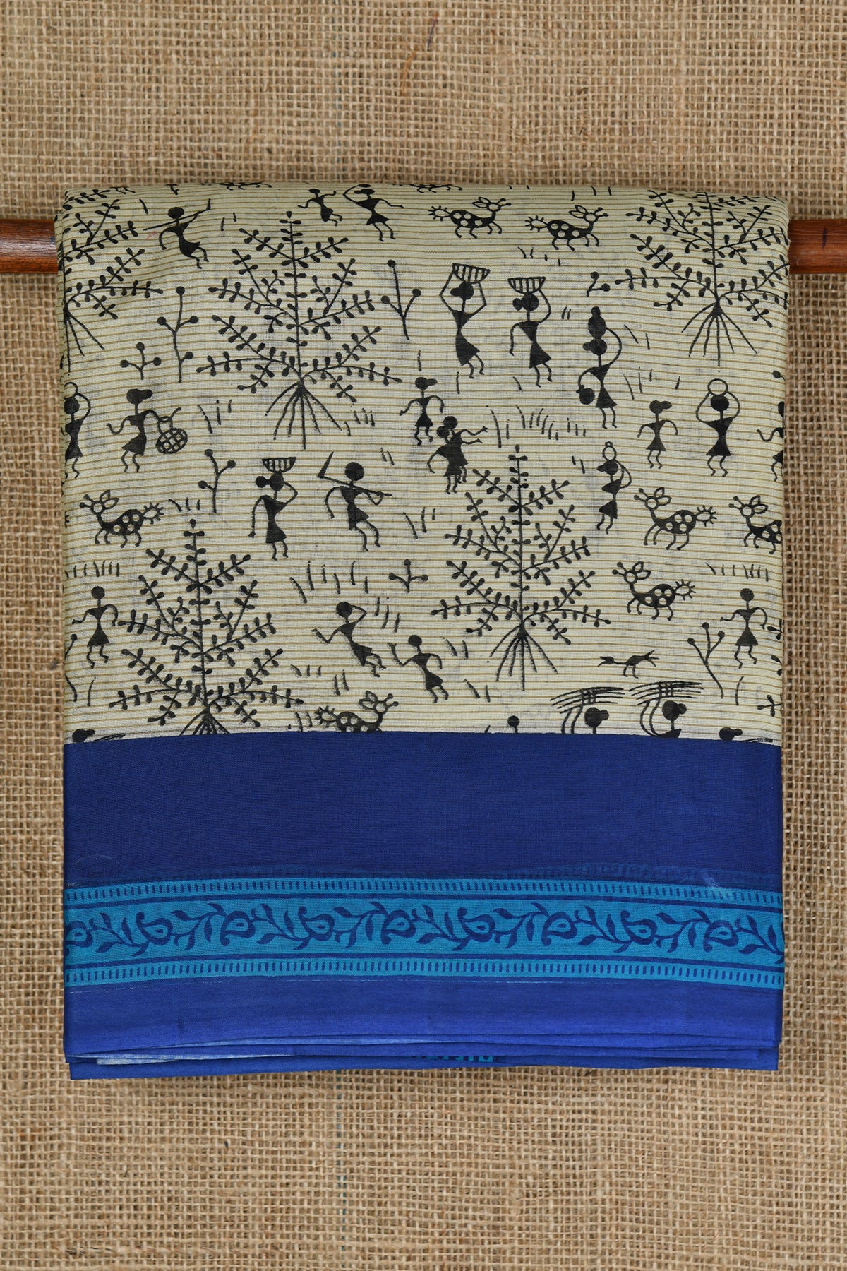 Womens And Trees Pattern Contrast Ivory And Indigo Ahmedabad Cotton Saree