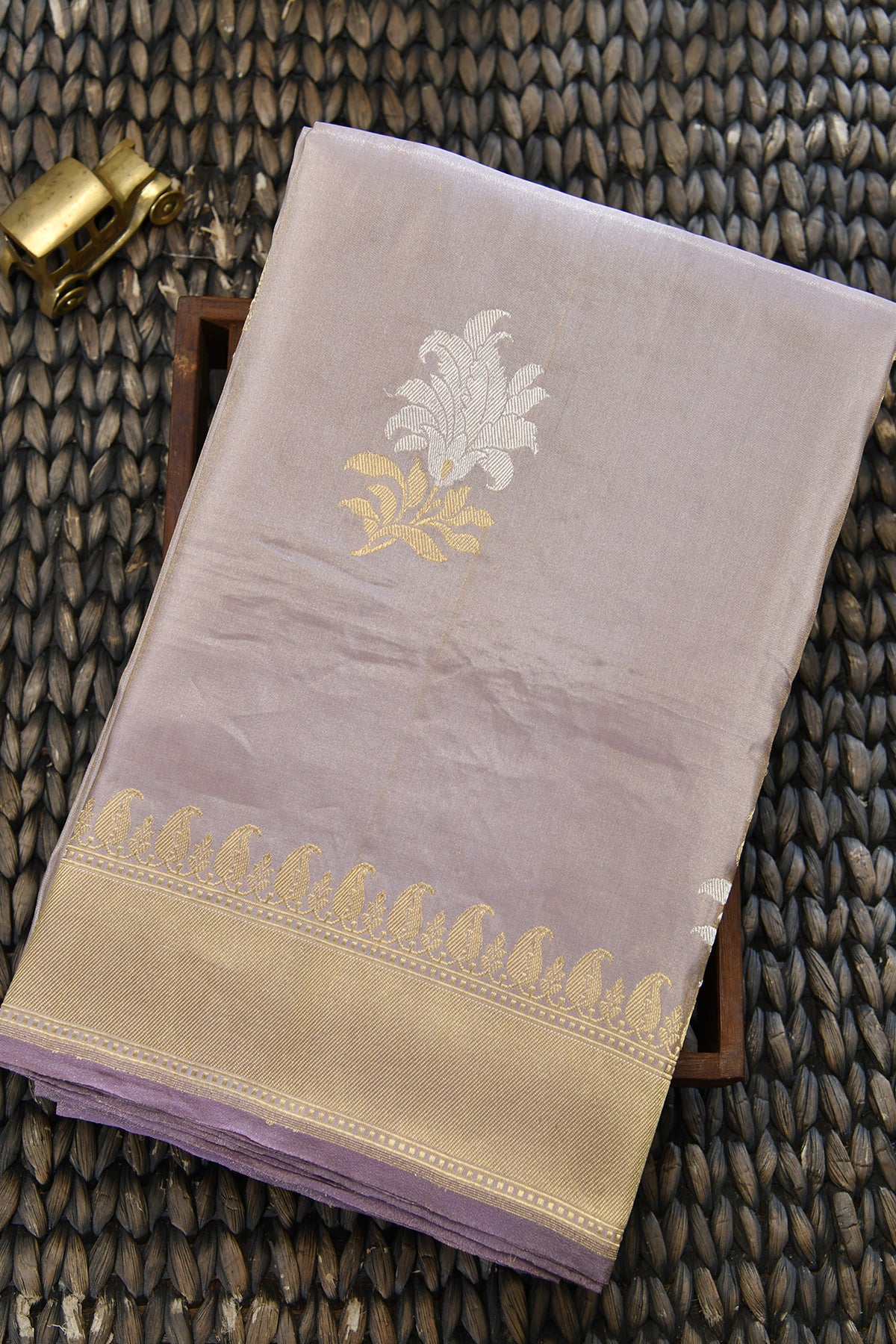 Thread Work Floral Design Medium Taupe Banaras Silk Saree
