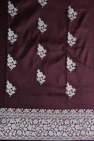 Thread Work Floral Design  Dark Brown Banaras Silk Saree