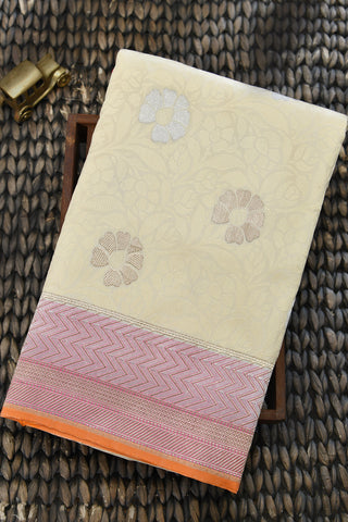 Thread Work Floral Design Ivory Banaras Silk Saree