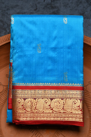 Contrast Paisley Floral Zari Border With Buttis Sky Blue Kanchipuram Silk Saree