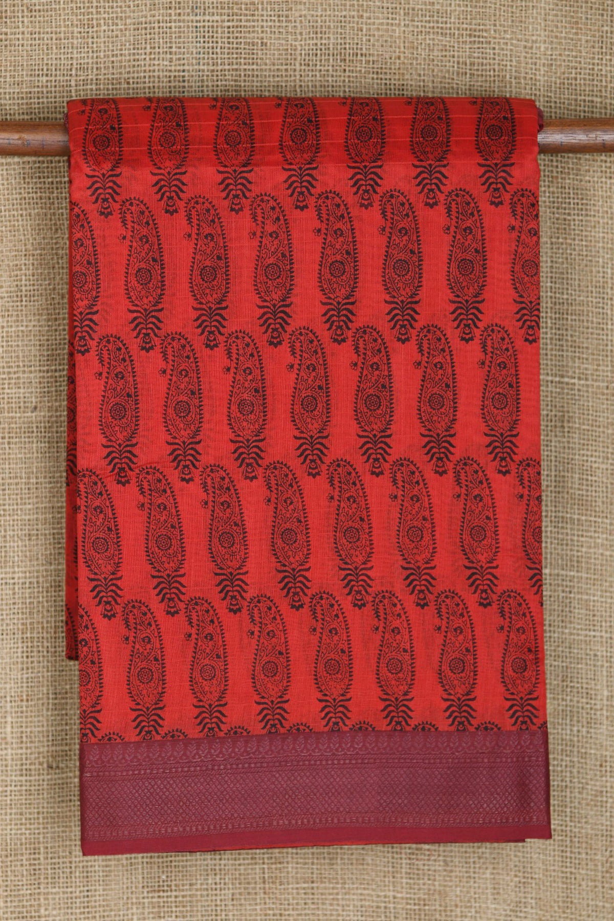 Thread Work Border In Paisley Printed Crimson Red Chanderi Cotton Saree