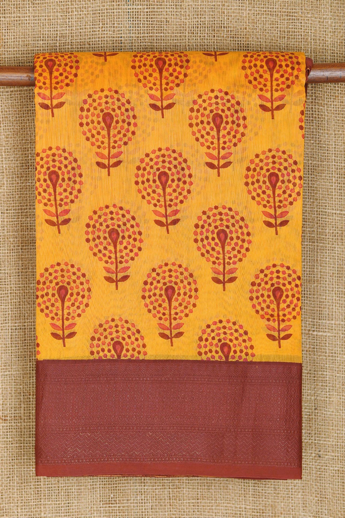 Contrast Border In Floral Printed Marigold Yellow Chanderi Cotton Saree