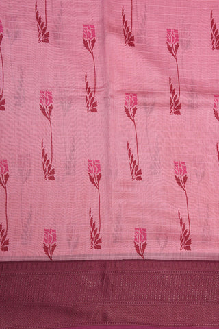 Contrast Border In Floral Printed Onion Pink Chanderi Cotton Saree