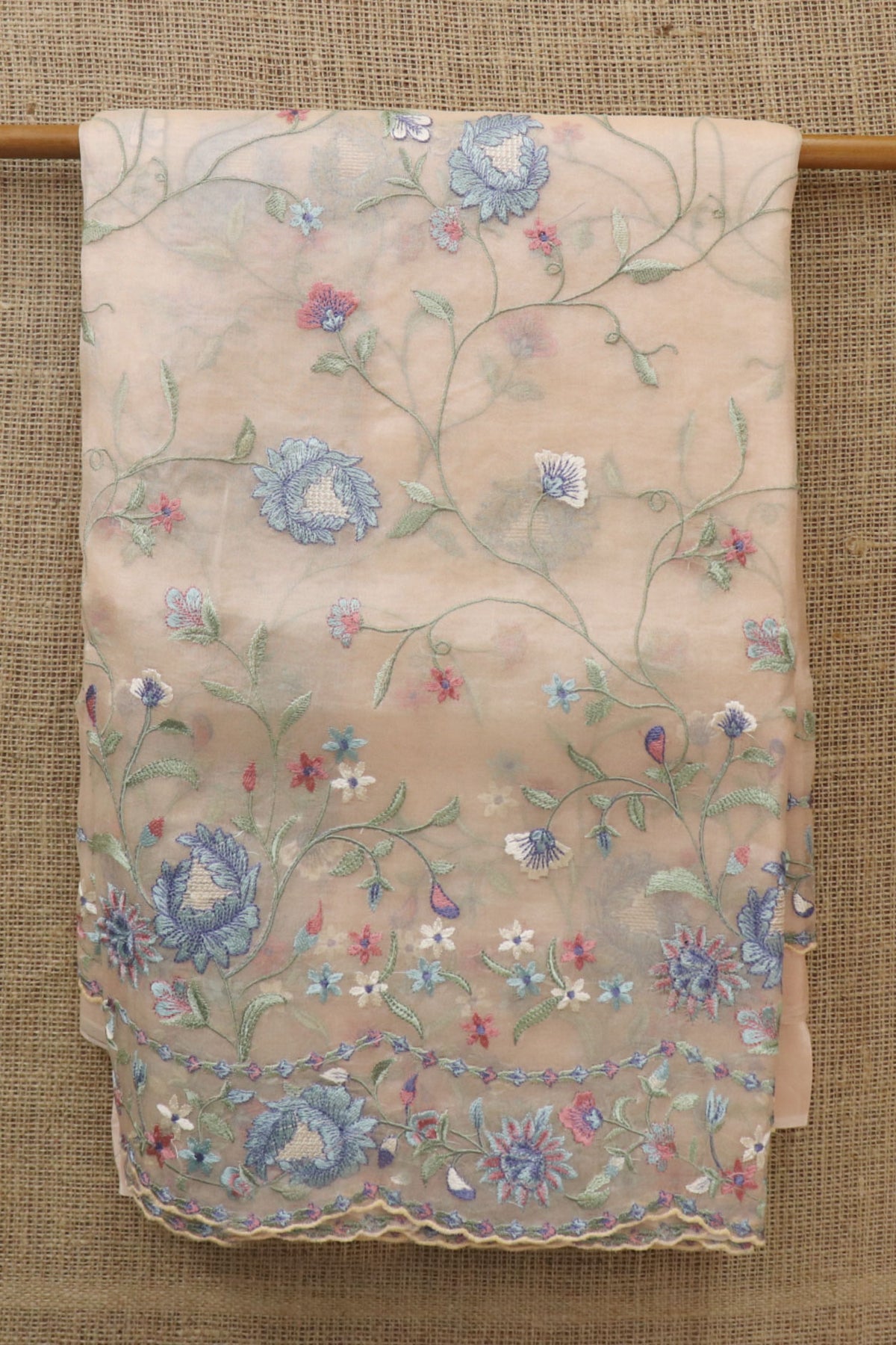 Embroidered Floral Design Cream Color Organza Silk Saree