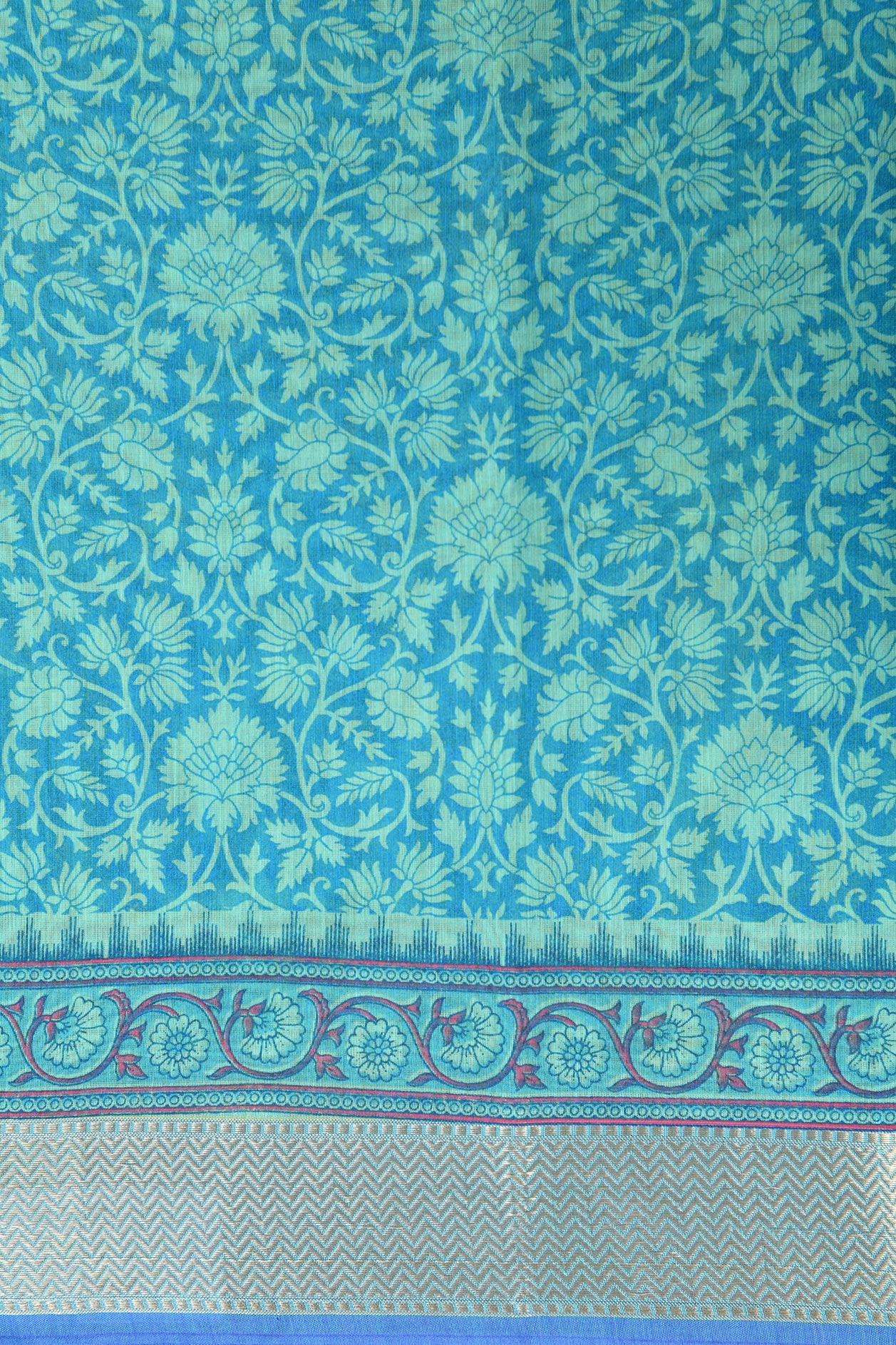 Chevron Border Floral Design Blue Chanderi Cotton Saree
