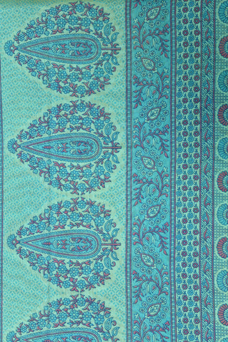 Chevron Border Floral Design Blue Chanderi Cotton Saree