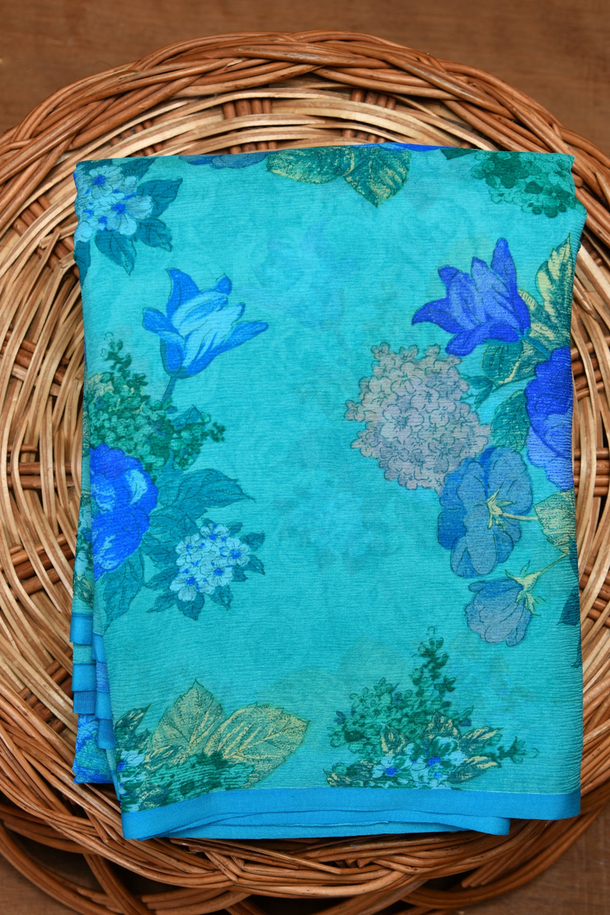 Floral Design Printed Turquoise Blue Chiffon Saree