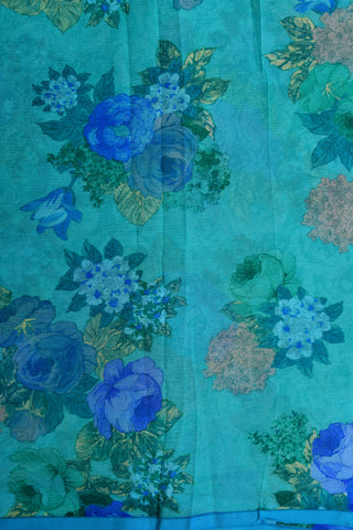 Floral Design Printed Turquoise Blue Chiffon Saree