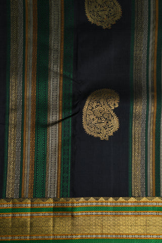Silver And Gold Zari Paisley Butta  Black Kanchipuram Silk Saree