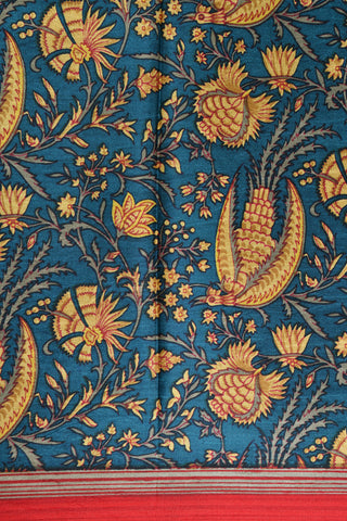 Contrast Border Blue Printed Silk Saree