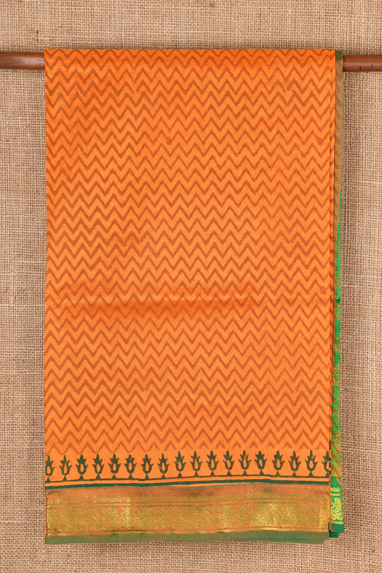 Contrast Border Orange Printed Silk Cotton Saree