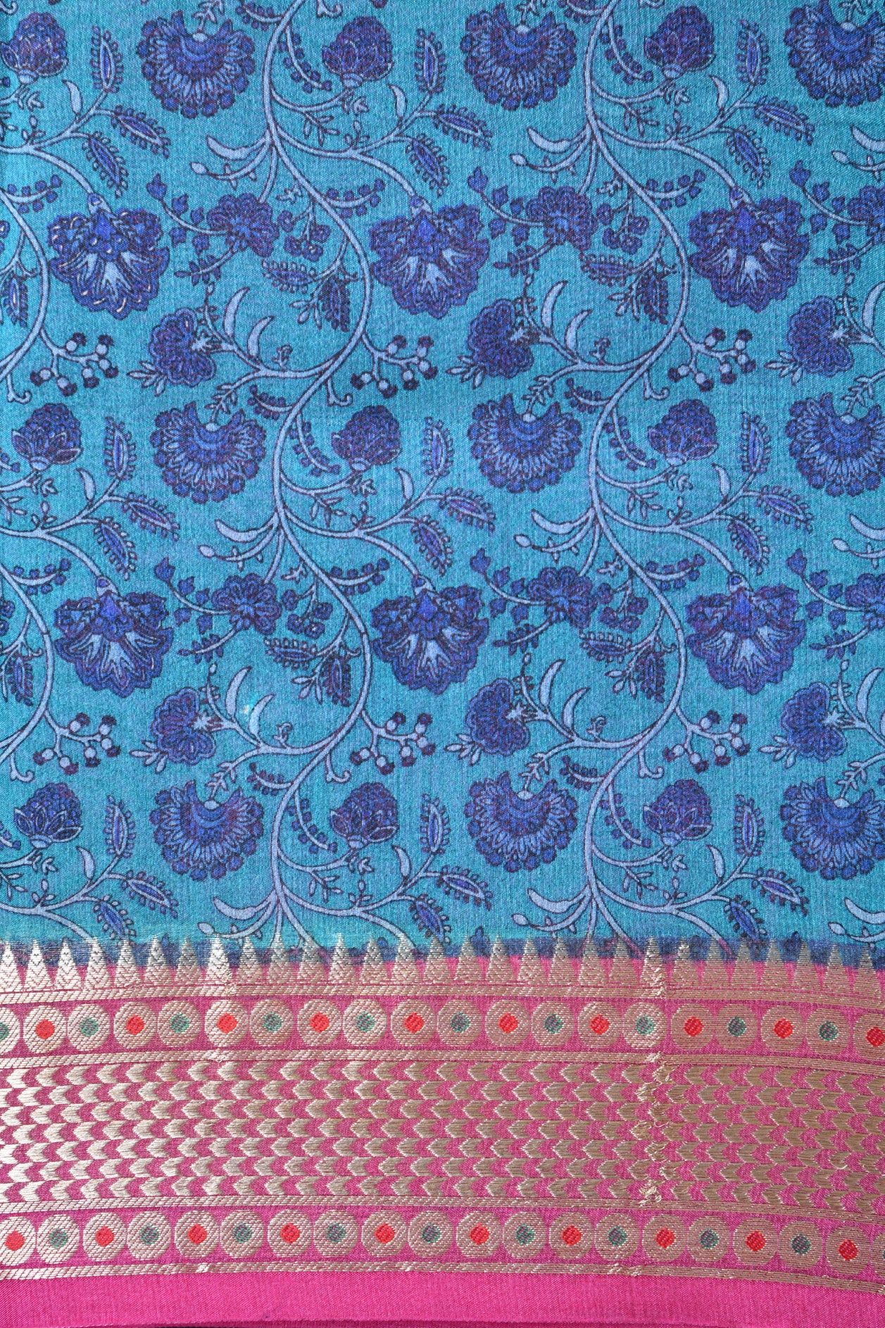 Contrast Border Floral Design Cobalt Blue Organza Silk Saree