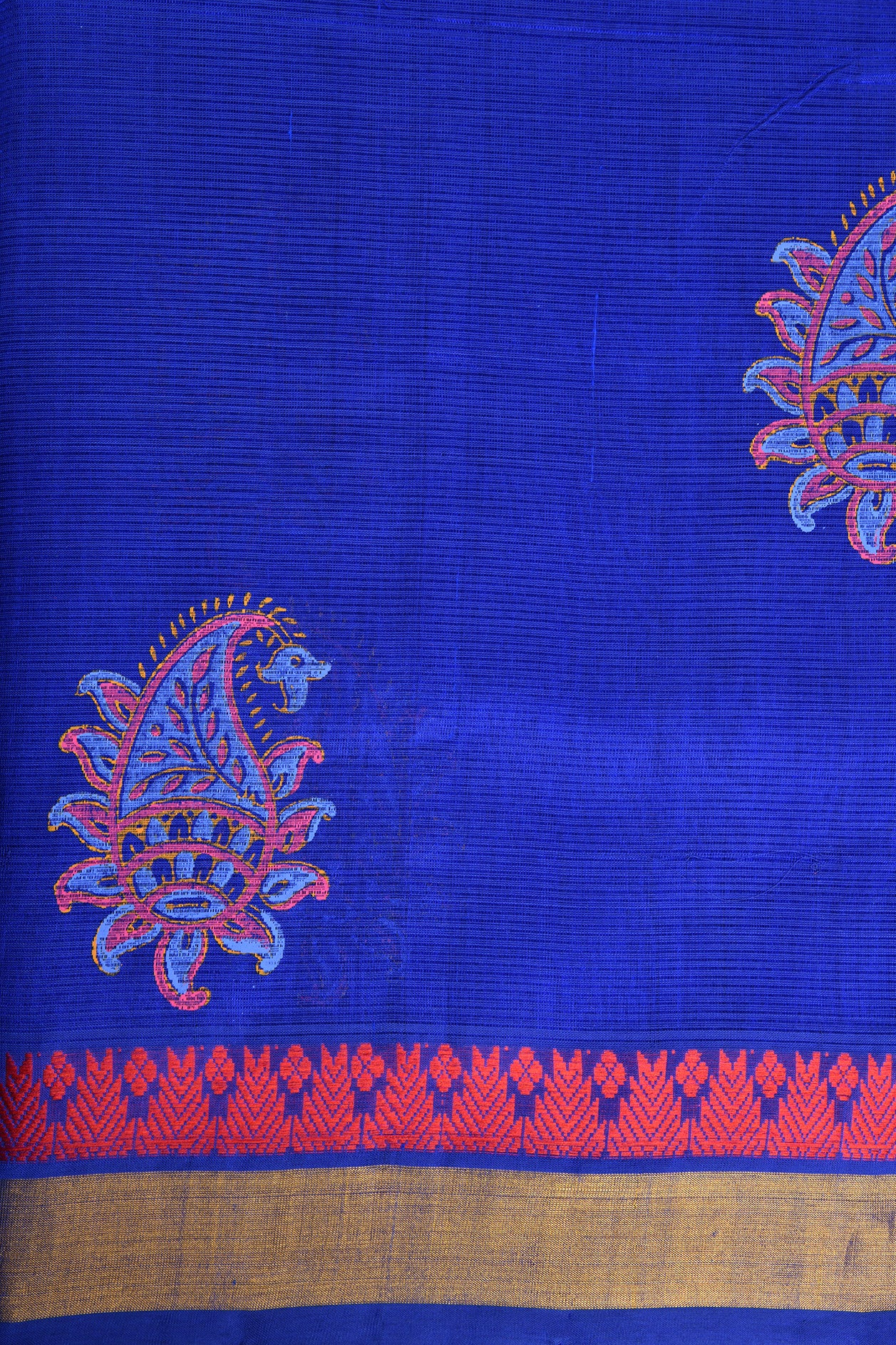 Contrast Pallu Paisley Design Blue Printed Silk Cotton Saree