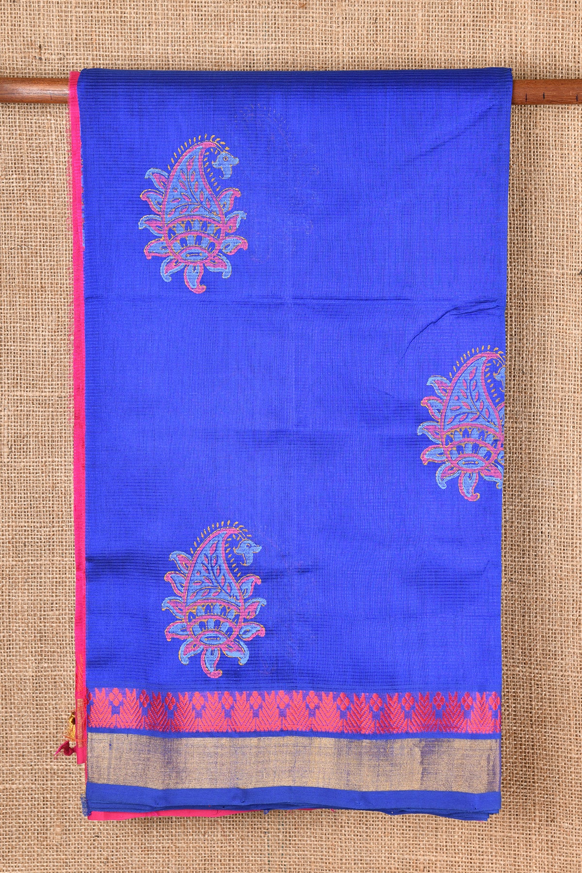 Contrast Pallu Paisley Design Blue Printed Silk Cotton Saree