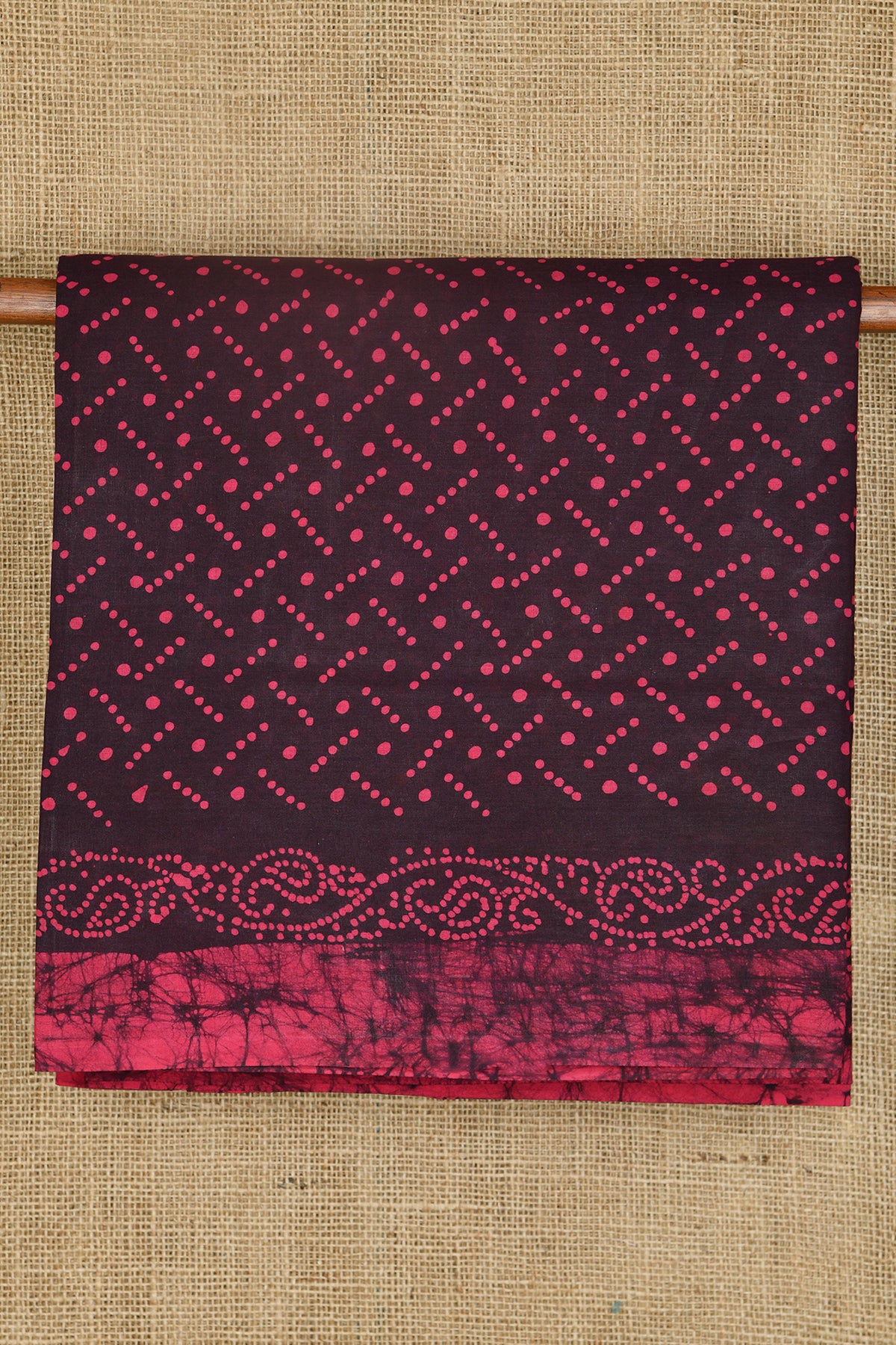 Allover Pattern Batik Printed Border Dark Burgundy Brown Sungudi Cotton Saree