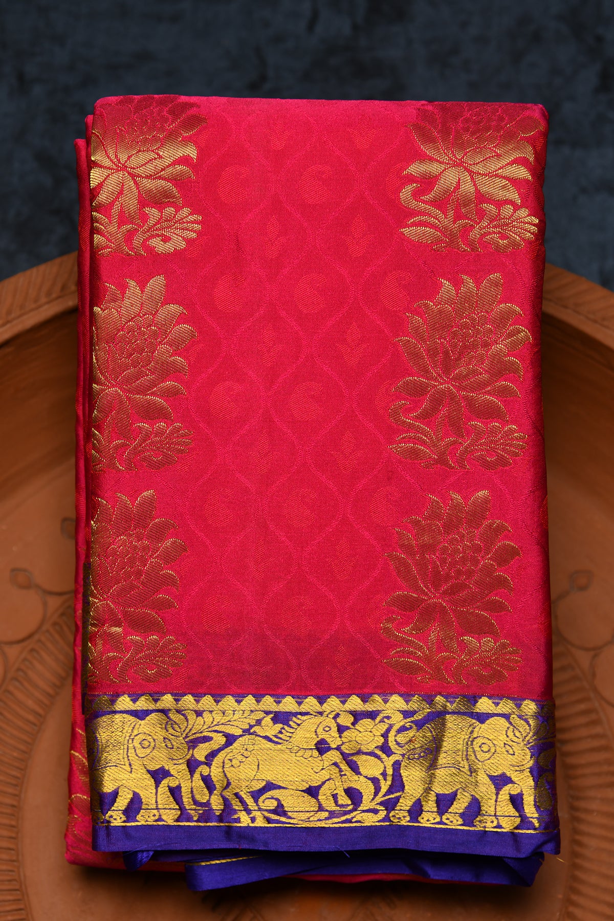 Contrast Traditional Zari Border With Self Ogee Pattern And Flower Motif Rani Pink Kanchipuram Silk Saree