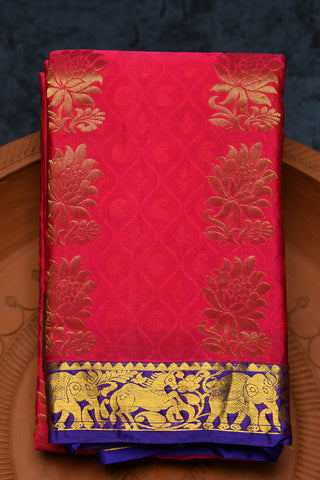 Contrast Traditional Zari Border With Self Ogee Pattern And Flower Motif Rani Pink Kanchipuram Silk Saree