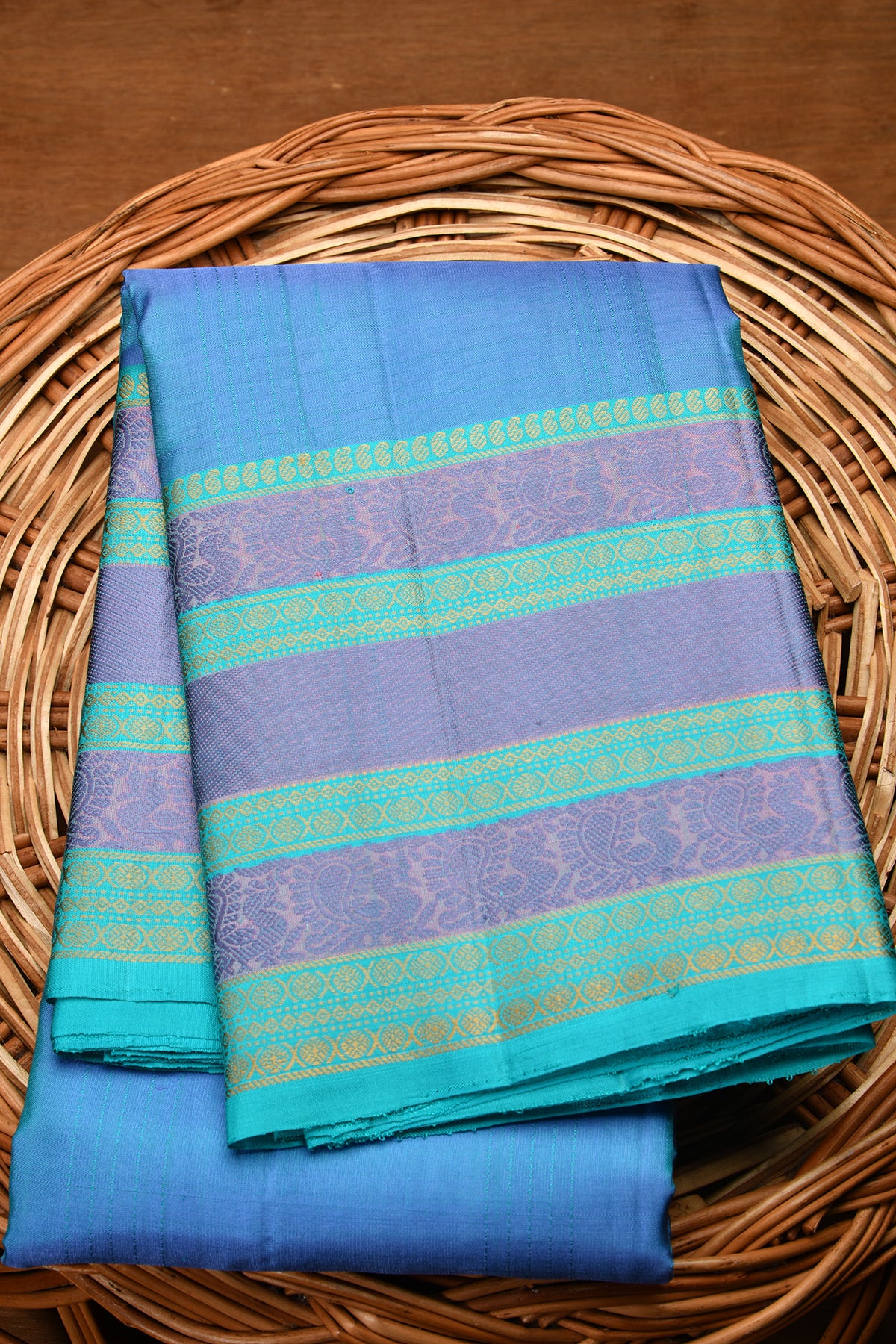Peacock Design Thread Work Blue Kanchipuram Silk Saree