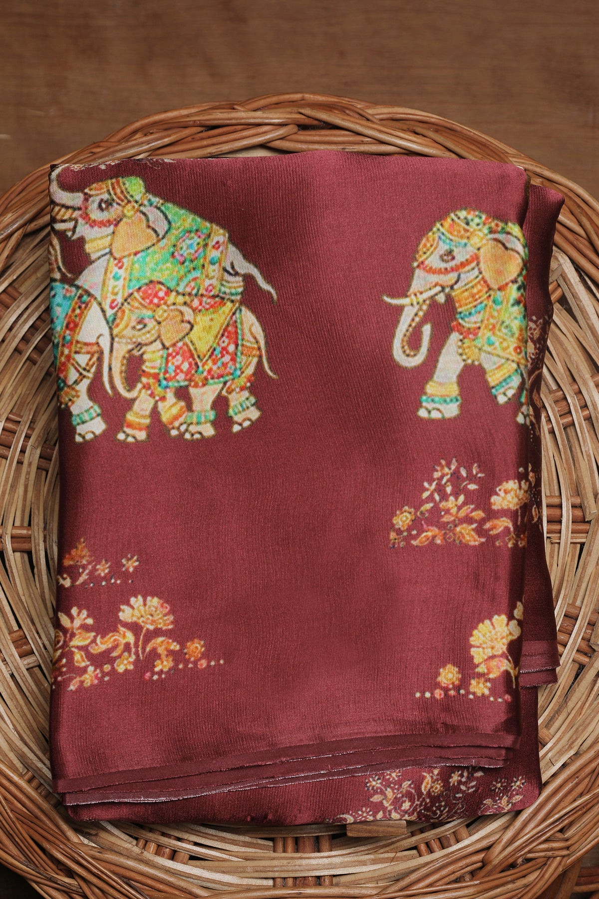 Elephant Design Digital Printed Maroon Satin Saree
