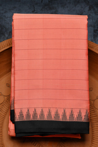 Thread Work Temple Border With Stripes Coral Pink Kanchipuram Silk Saree