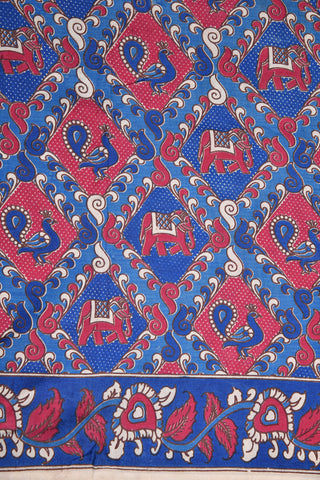 Elephant Motif Blue Kalamkari Semi Silk Saree