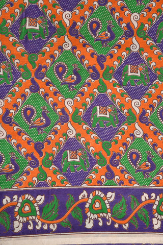 Elephant Motif Orange Kalamkari Semi Silk Saree