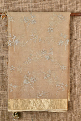 Embroidered Work Floral Design Beige Linen Saree