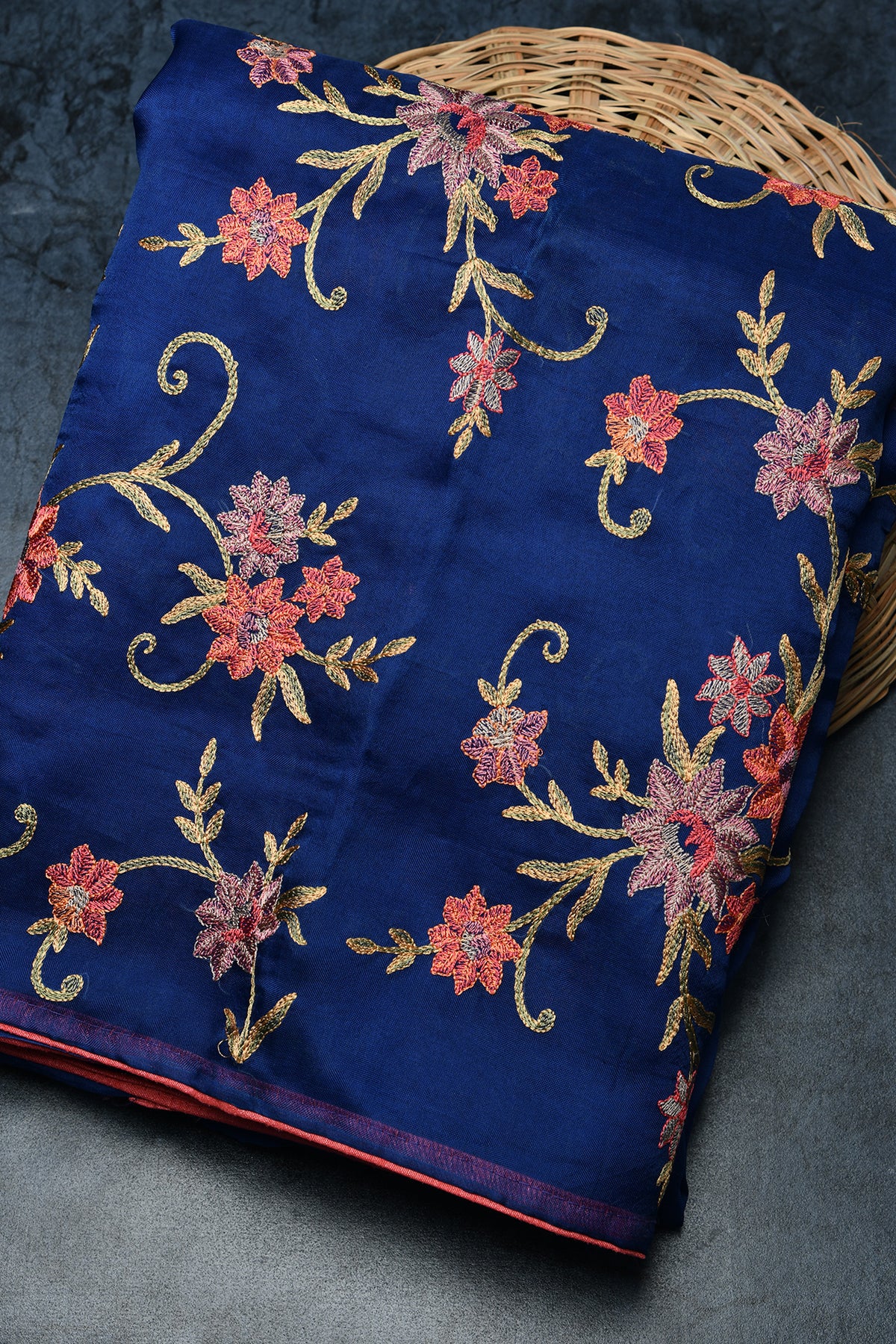 Embroidery Work Floral Design Indigo Blue Organza Silk Saree