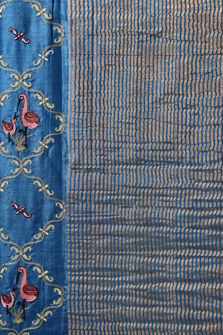 Embroidered Work With Blue Tussar Silk Saree