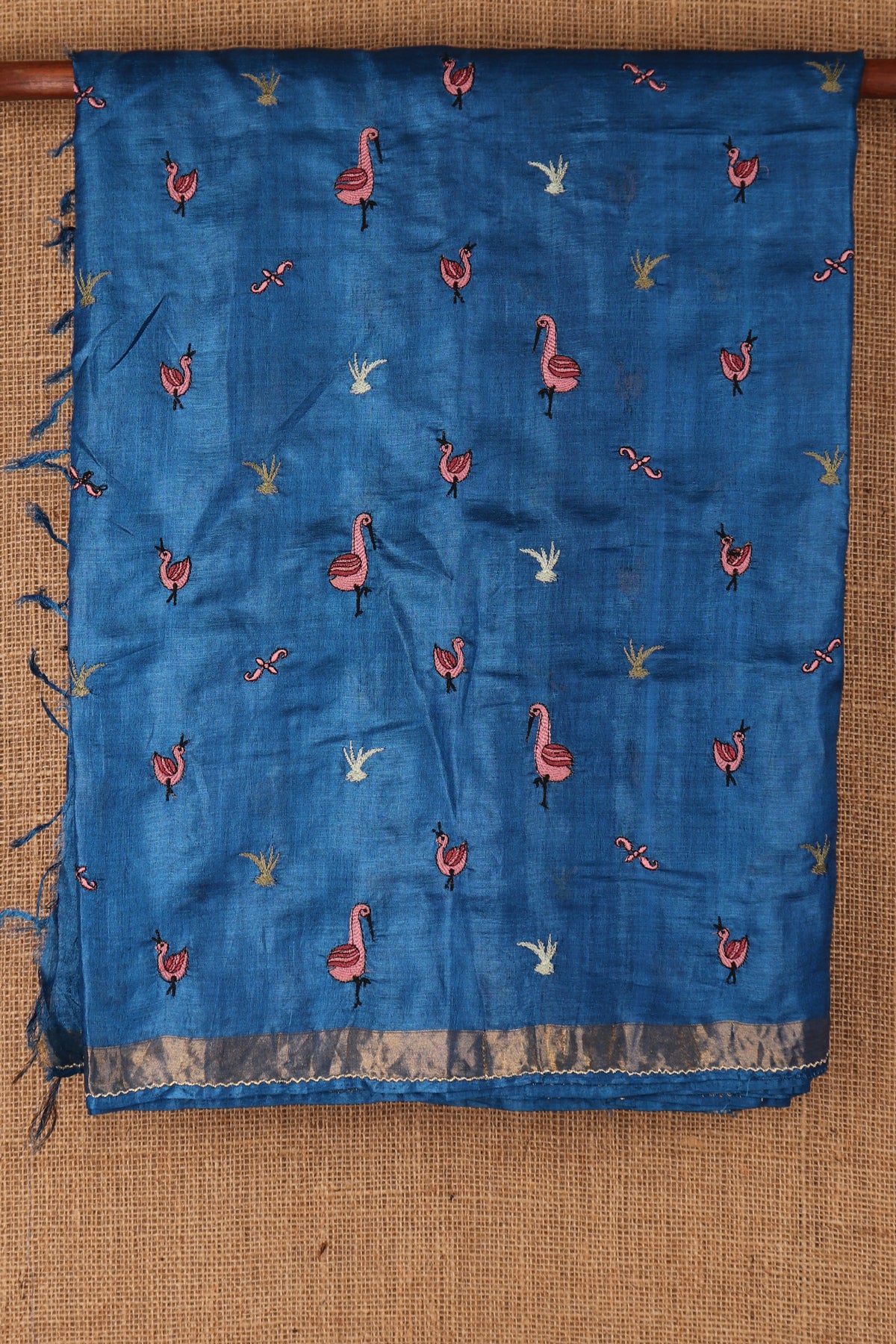 Embroidered Work With Blue Tussar Silk Saree
