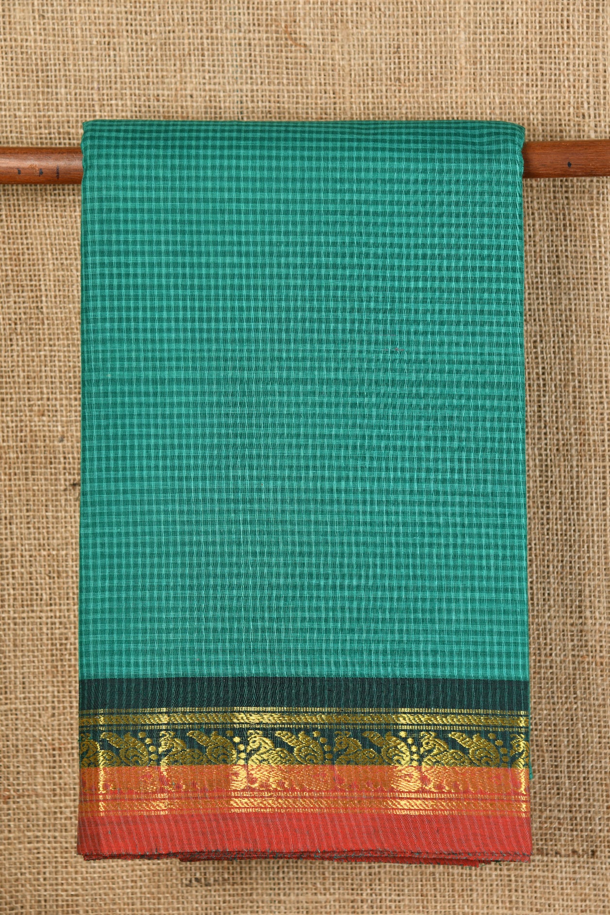 Emerald Green Checks Semi Gadwal Cotton Saree
