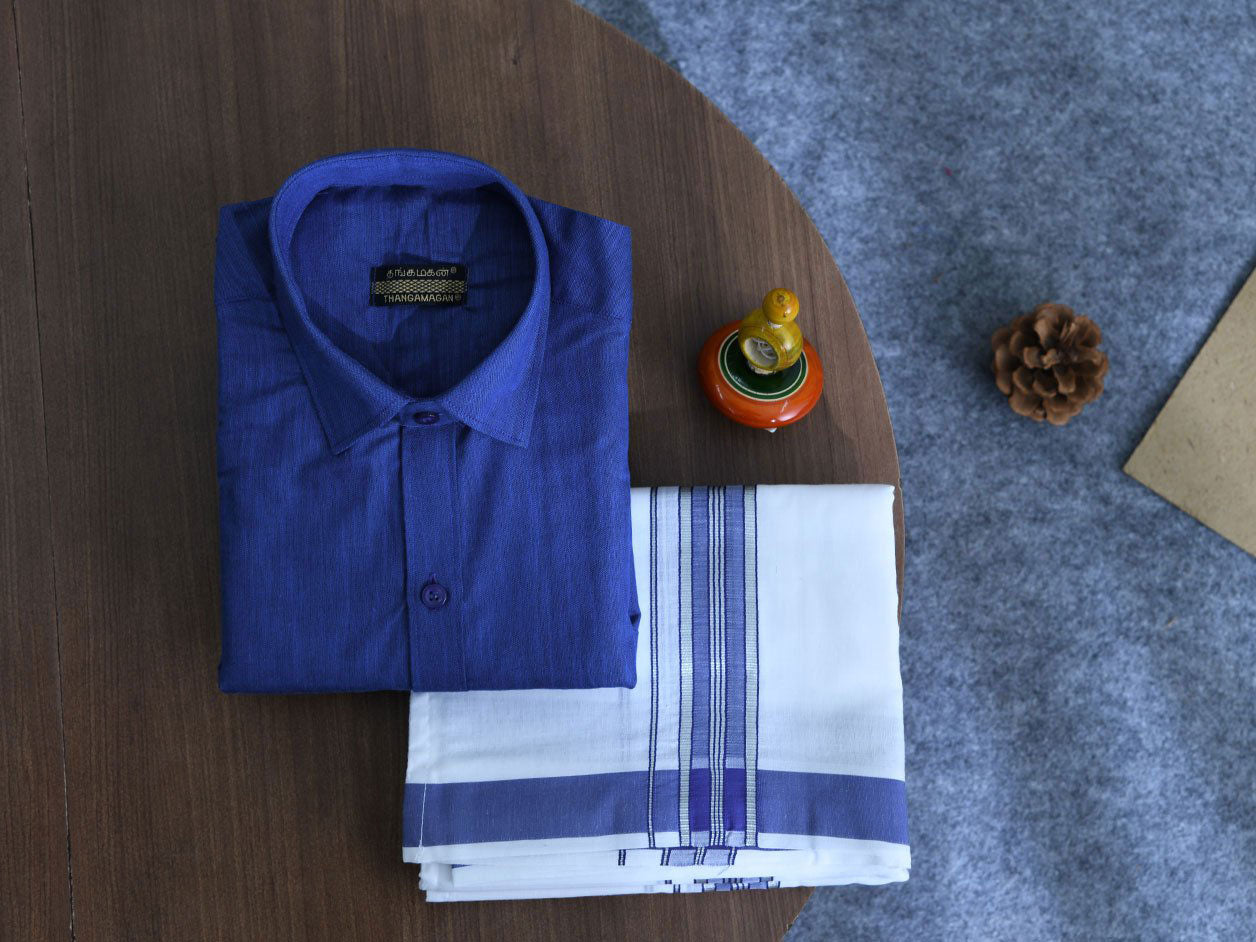 Regular Collar Azure Blue Cotton Shirt With Velcro Dhoti Set